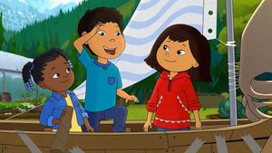 A still of the animated characters from Molly of Denali on PBS KIDS in a boat.